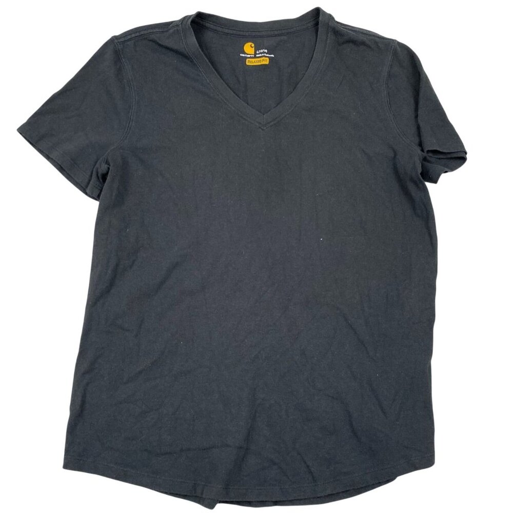 Carhartt Women's T-Shirt L 12/14 Black V-Neck Relaxed Fit Cotton/Polyester